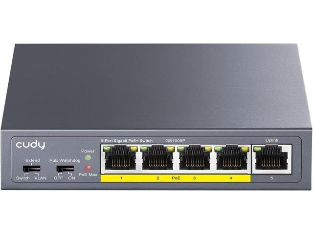 Cudy 5 Port Gigabit PoE+ Unmanaged Switch, 4 PoE 60W, Metal, GS1005P 4x GbE 802.3af/at 30W, 1x GbE upstream, 10 Gbps capacity, port...