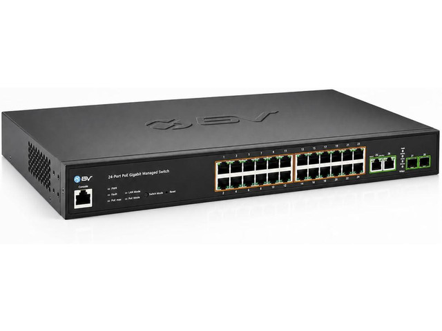 BV-Tech 24-Port Managed Gigabit PoE+ Switch with 2 Ethernet & 2 SFP Uplinks 250W, NDAA Compliant, VLAN & QoS, IGMP & LACP LAG, Web GUI (Rack...