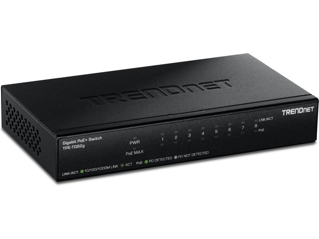 TRENDnet 8-Port Gigabit PoE+ Switch, TPE-TG82G 65W Budget, 16Gbps Switching Capacity, Ethernet Splitter, NDAA & TAA Compliant, Black