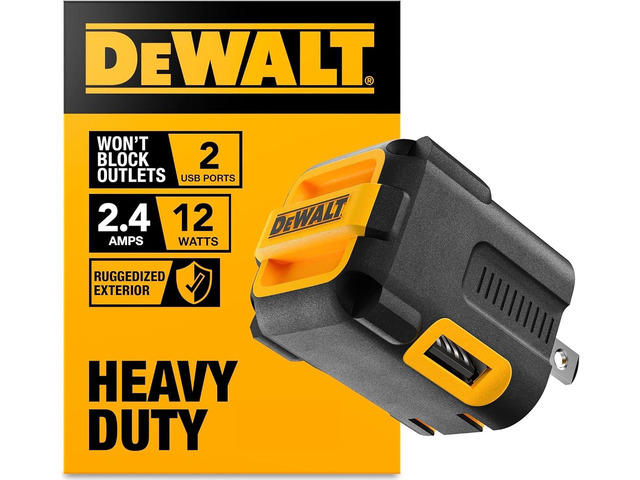DEWALT Heavy Duty NeverBlock USB Charger, Angled Dual Port 12W Wall Charger Adapter, Foldable Plug, Charging Box Brick, Cube for iPhone 17 16 15...