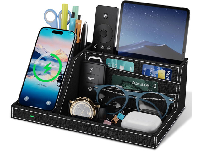 TopMade Wireless Charger Desk Nightstand Organizer, Leather Pen Holder Office Supplies Desk Accessories Fast Charging Station, Remote Control...