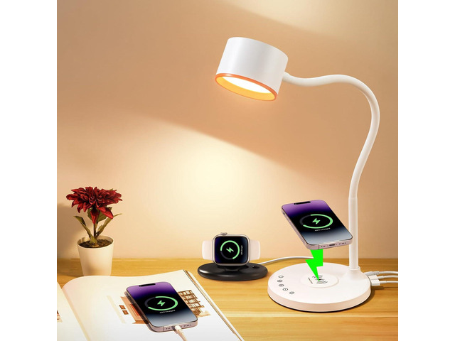 LED Desk Lamps for Home Office with USB Charging Ports Wireless Charger 5 Colors Dimming Reading Lamp Timer/Memory Touch Bedside Table Lamp for...