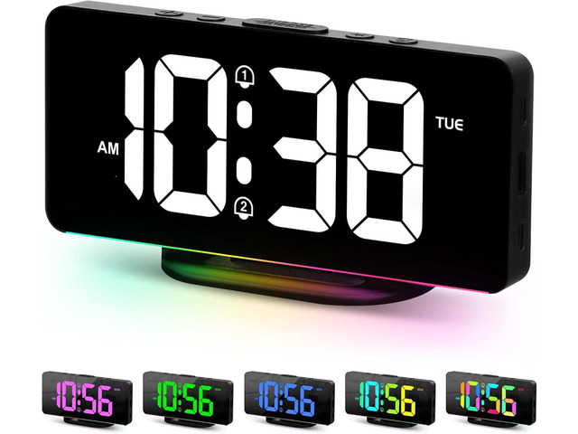 7' Slim Digital Alarm Clock with Colorful Night Light,Black LED Large Display,Volume/Color Adjustable, USB-C Charger Port, 12/24H, Bedroom Decor