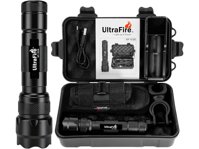 ULTRAFIRE WF-502B LED Tactical Flashlight, 5 Modes 1000 High Lumens Flashlight Torch with Duty Belt Flashlight Holster, Bicycle Mount, USB Charger