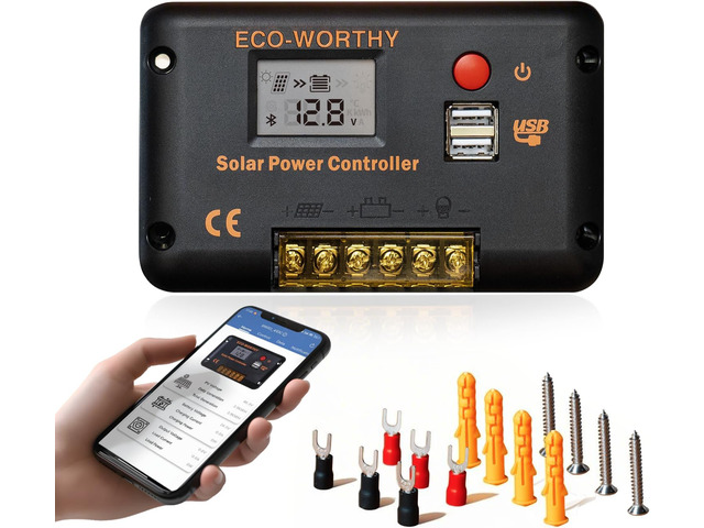 ECO-WORTHY 30A 12/24V PWM Solar Charger Controller with Bluetooth Solar Panel Battery Intelligent Regulator with Dual USB Ports Auto,Negative...