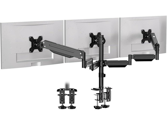 Pholiten Triple Monitor Mount for17-32 inches Screen, 2 Gas Spring Arms Fully Adjustable Heavy Duty Monitor Arm, Clamp & Grommet Mounting, Holds...