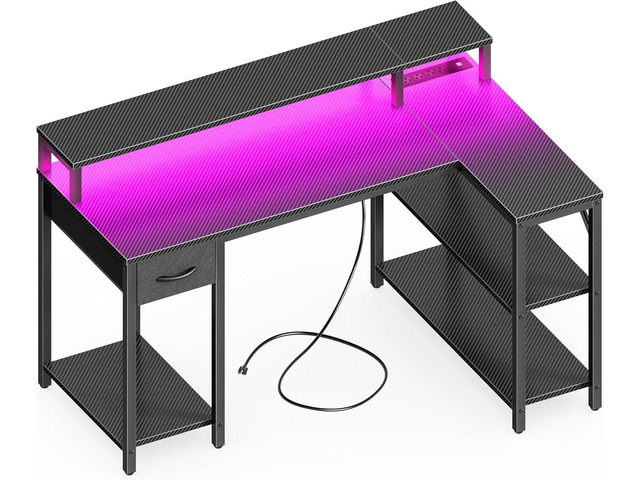 SUPERJARE 47 inch L Shaped Gaming Desk with LED Lights & Power Outlets, Reversible Computer Desk with Shelves & Monitor Stand, Corner Desk with...