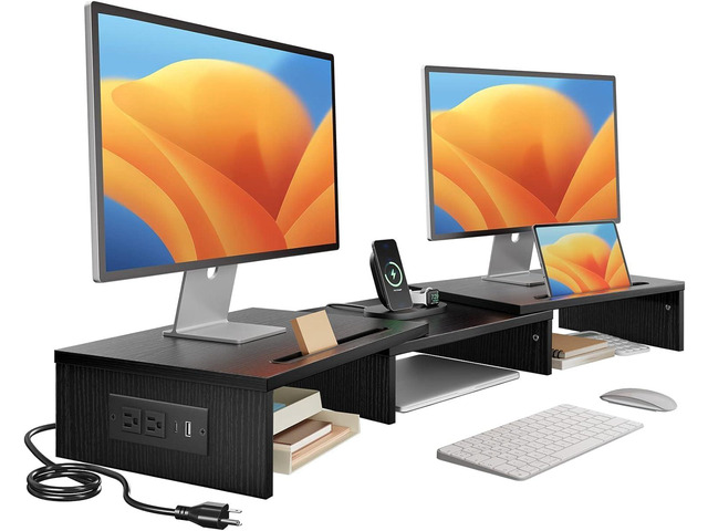 HUANUO Dual Monitor Stand -Monitor Stand with USB ports,Adjustable Length and Angle, Dual monitor riser w/ Desktop Socket, Monitor Stand Riser for...