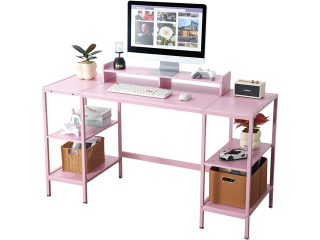 Computer Desk 55-inch with Storage Shelf - Pink Ideal Gaming Desk for Bedrooms, Small Spaces, and Home Offices Modern Writing Desk for PCs.