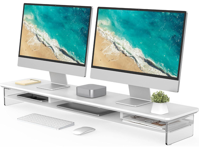 Fenge 42.5' Dual Monitor Stand with Clear Acrylic Legs, White Clear Acrylic, Storage Compartment, 2-tier Home Office Monitor Riser, Wide Large...