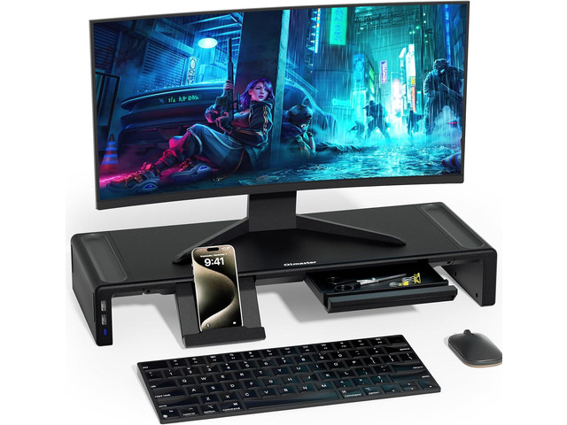 Adjustable Monitor Stand Riser with Drawer - Foldable Computer Stand for Desk, Desktop Organizer with Phone Holder & Pen Slot, Space Saving Laptop...