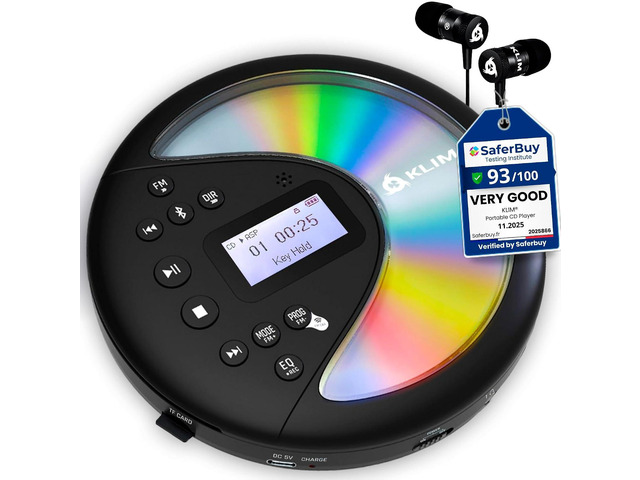 KLIM Discover - Portable CD Player with Long-Lasting Battery - New - with Headphones - Radio FM - Compatible MP3 CD Player Portable - SD Card, FM...