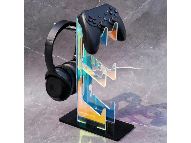 NiHome Controller Holder Headphone Stand 3-Tier Iridescent Acrylic Gaming Headset Mount With Anti-Slip Base, Cable Holes, Universal For PS5 Xbox...