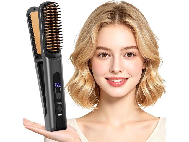 Portable Travel Heated Comb for Women Cordless Hair Straightener Brush, 2-in-1 Straightening & Curling Brush for Short Hair, 4 Temps Fast Heating,...