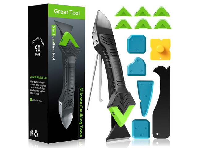 5 in 1 Caulking Tool Silicone Caulking Grout Removal Sealant Finishing Tool with Stainless Steel Head, 6 Replaceable Pads, Gap Seam Repair Kit for...