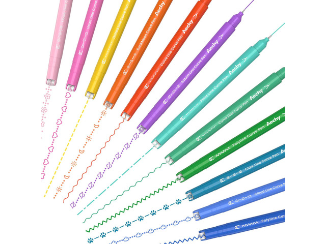 Dual Tip Curve Highlighter Pens, 10 Patterns, 12 Colors, 12 Pack Fine Tip Colored Marker Pens with Curve Pattern Roller for Journaling, Planner,...