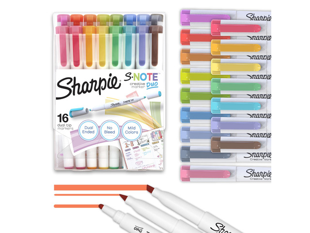 S-Note Duo Dual-Tip Creative Highlighters, Assorted Mild Colors, No Bleed, Fine and Chisel Tips, Includes Stand-Up Easel, 16 Count