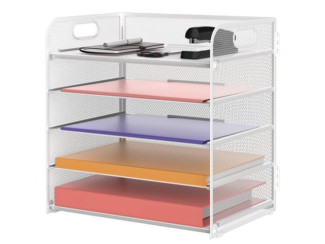 5 Trays Paper Organizer Letter Tray with Handle-Mesh Desk File Holders, Paper Sorter Desk Organizer for Office, Home, Classroom or School, White