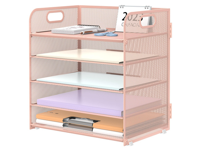 5 Trays Paper Organizer Letter Tray with Handle-Mesh Desk File Holders, Paper Sorter Desk Organizer for Office, Home, Classroom or School, Pink