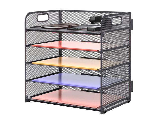 5 Trays Paper Organizer Letter Tray with Handle-Mesh Desk File Organizer, Grey Paper Sorter Desk Organizer for Office, Home or School