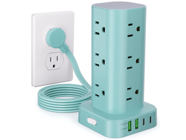 6FT Power Strip Tower Surge Protector, 12 Wide Spaced Outlets, 4 USB 16-in-1 Desktop Charging Station with 2USB-C,2USB-A, Flat Plug, 6FT Cord,...