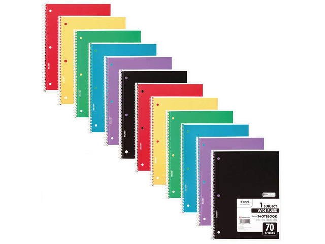 Spiral Notebook, 12 Pack, 1 Subject, Wide Ruled Paper, 7-1/2' x 10-1/2', 70 Sheets per Notebook, Colors Will Vary (930202-ECM25)