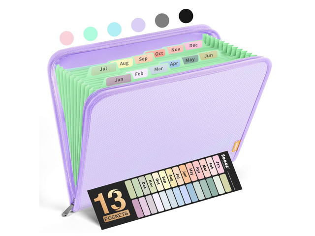 13 Pocket Accordion File Organizer, Zipper Expanding File Folder A4 Reinforced Plastic Accordion Folder Organizer, A4 Letter Size, Portable Folders...
