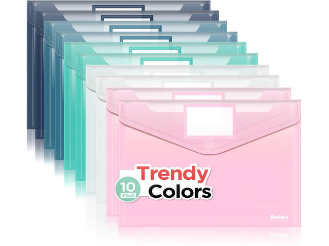 10 Packs Plastic Envelopes, Plastic File Folders, Clear Folders Trendy Colors, Super Heavyweight Document Holders, Storage Pouches, File...