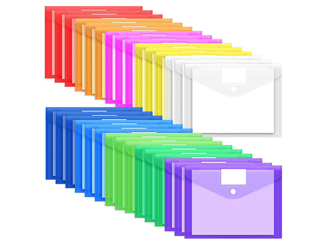 30 Pack 10 Color Plastic Envelopes Poly Envelopes, Hook & Loop Closure File Folders Clear Document Folders File Envelopes with Label Pocket A4 Size