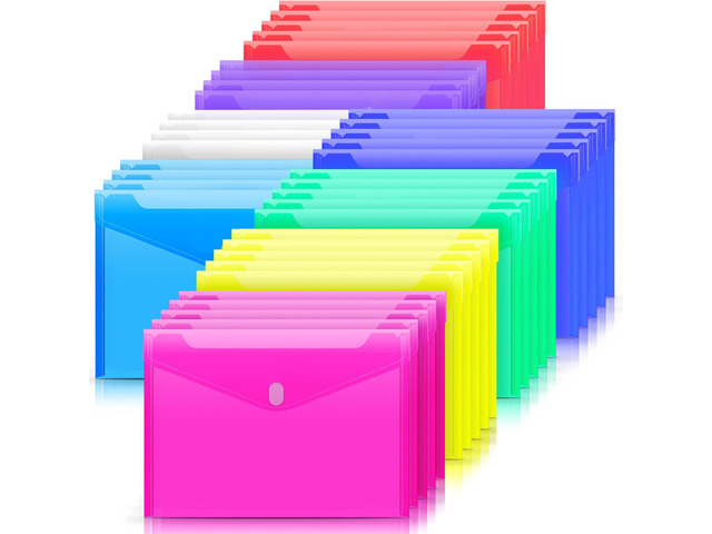 32 Pack Plastic Envelopes File Folders, Plastic Folders with Safe Closure, Colored Folder for Documents Organizer Letter/A4 Size, Clear Filing...