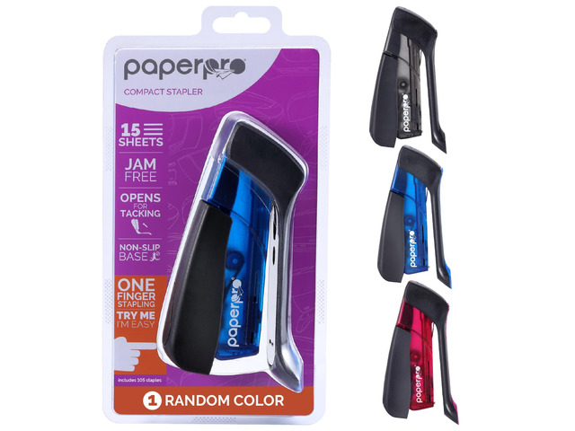 Compact Classic Desktop Stapler, 15 Sheet Capacity, No Effort, Includes 105 Staples, One Finger, 80% Easier Stapling, Assorted (Colors May Vary)