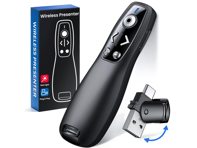 Presentation Clicker with USB-A & USB-C Receiver, 2.4GHz Wireless Presenter Remote with Volume Control & Red Light Pointer, Clicker for PowerPoint...