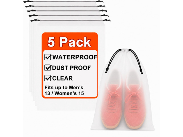 5 Pack Clear Shoe Bags for Travel Essentials Reusable Storage 15.7'×11.8' PEVA Drawstring, Water-Resistant, Fits up to Mens 1213, for Clothes &...