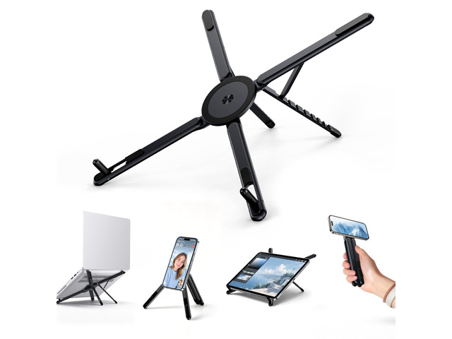 Portable Laptop Stand, 3-in-1 Magnetic Foldable Adjustable, for DeskBlack Aluminum alloy, lightweight compact, 8-level height, ergonomic, for...