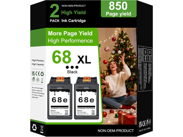 68XL Black Ink Cartridges 2 Packs High Yield Compatible for HP 68 68e Ink Cartridges Compatible for HP Envy 6155e, 6500e, 6552e, 6555e, 6558e,...