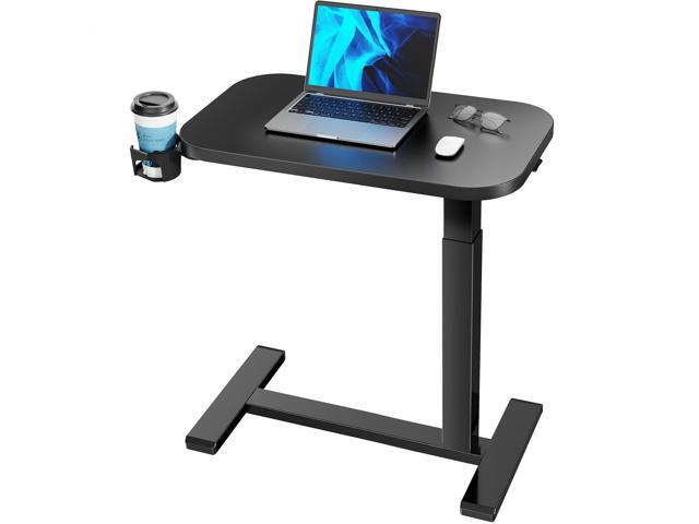 28Inch Bedside Table with Wheels, Height-Adjustable Rolling Computer Cart, Overbed Table with Cup Holder, Pneumatic Laptop Standing Desk for Home...