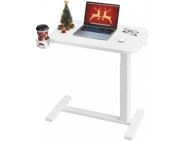 28Inch Bedside Table with Wheels, Height-Adjustable Rolling Computer Cart, Overbed Table with Cup Holder, Pneumatic Laptop Standing Desk for Home...