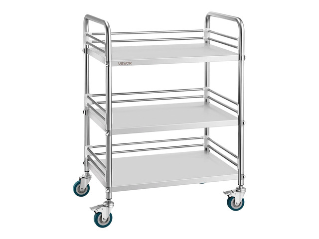 Stainless Steel Rolling Cart, 3-Tier Metal Utility Cart with Lockable Wheels, Medical Serving Trolley Clinic Tray, Mobile Service Cart for...