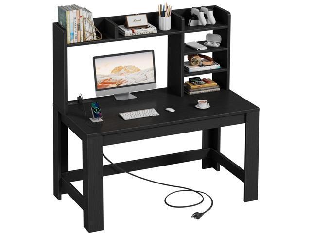 43' Black Gaming Desk with Hutch and Built-in Power Outlet Modern Computer Desk with 3-Tier Storage Shelves and Hutch, Space-Saving Writing Table...