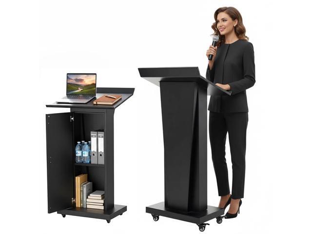 Metal Podium Stand with Wheels, 50.4'Heavy-Duty Mobile Metal Lectern with Storage Cabinets, Portable Pulpit for Church, School, Office and Conference