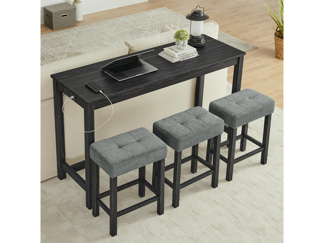 4 Piece Kitchen Dining Room Table and Chairs Set, Farmhouse Wooden Counter Height Bar-Sets w/USB Ports & Power Outlet & 3pcs Stools, 59' Sofa-Table...