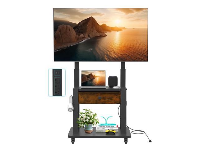 Rolling TV Stand with Power Outlet and Fabric Drawer for 32-75 Inch Flat/Curved Screen up to 220lbs LCD/LED/OLED Adjustable Height Mobile TV Cart.