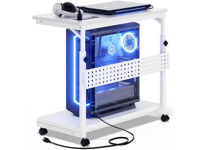 Computer Tower Stand with Power Strips, 4 Levels Manual Height Adjustable PC Tower Stand for Under Desk, Mobile Rolling CPU Holder, Computer Cart.