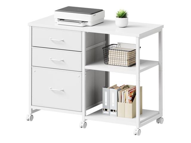 3 Drawer File Cabinet with Wheels Rolling Printer Stand with Open Storage Shelf Fabric Lateral Filing Cabinet for Home Office,White