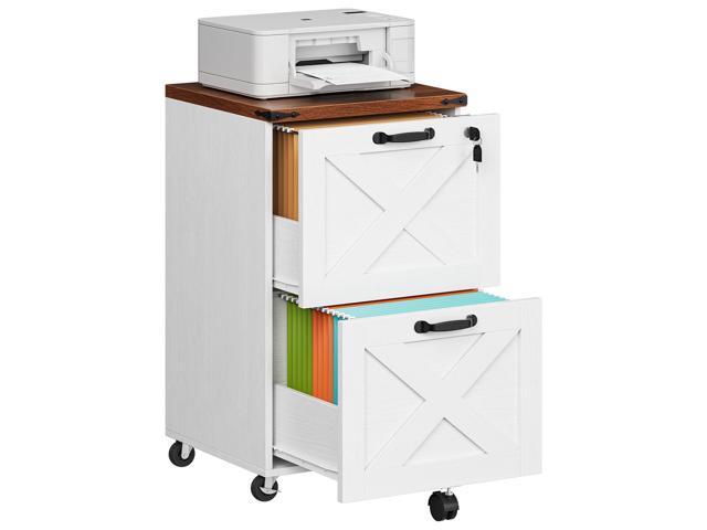 2 Drawer File Cabinet with Lock, Under Desk Mobile Filing Cabinet for Home Office, Wooden Farmhouse Office Storage Cabinet, Printer Stand Fits.