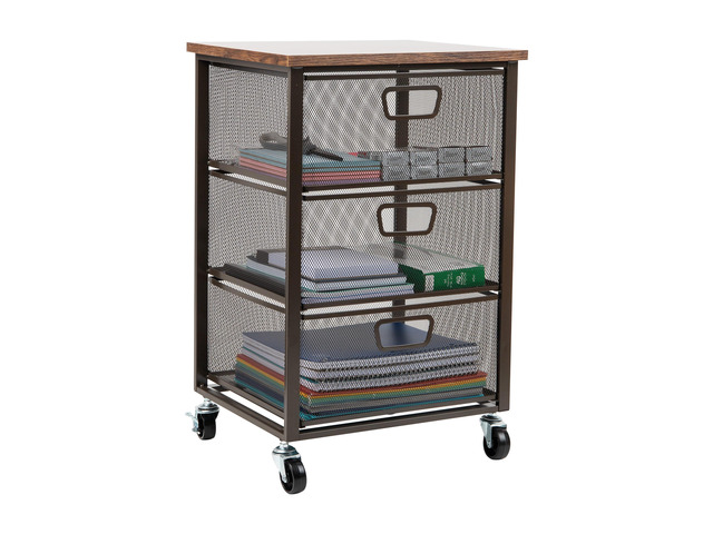 3 Drawer Storage Organizer with Wood Top, Rolling Office Organizer Cabinet with Wheels, Office, Metal Mesh, Black