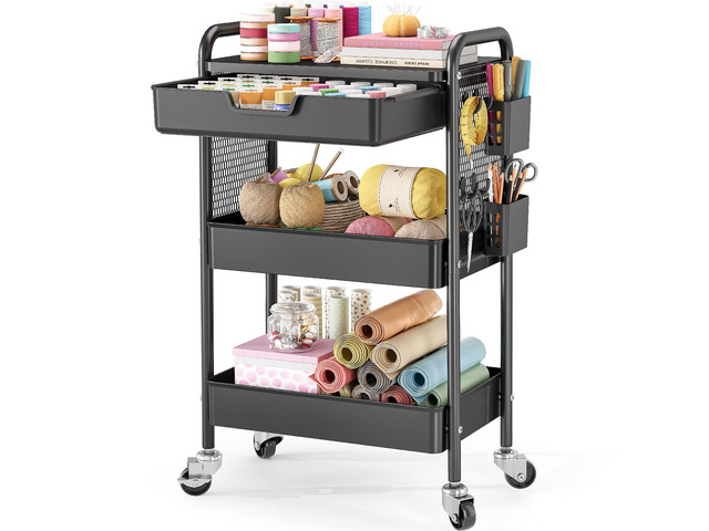 3 Tier Metal Rolling Utility Cart with Drawer & Pegboard - Multifunctional Storage Cart on Wheels with Tabletop, Hooks & Basket, Sturdy Craft & Art...