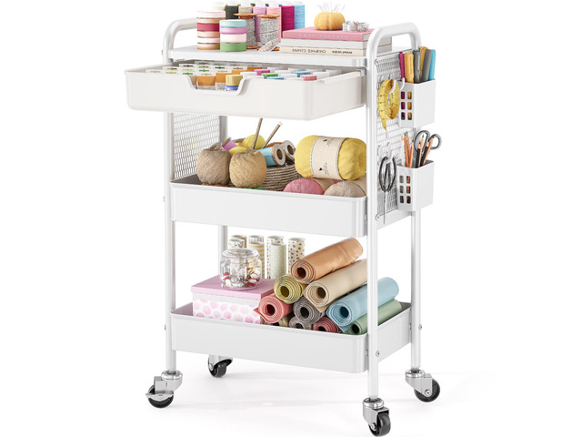 3 Tier Metal Rolling Cart with Drawer, White Utility Storage Cart 2 Cups & 4 Hooks, Lockable Wheels, Trolley Organizer for Bathroom, Kitchen,...