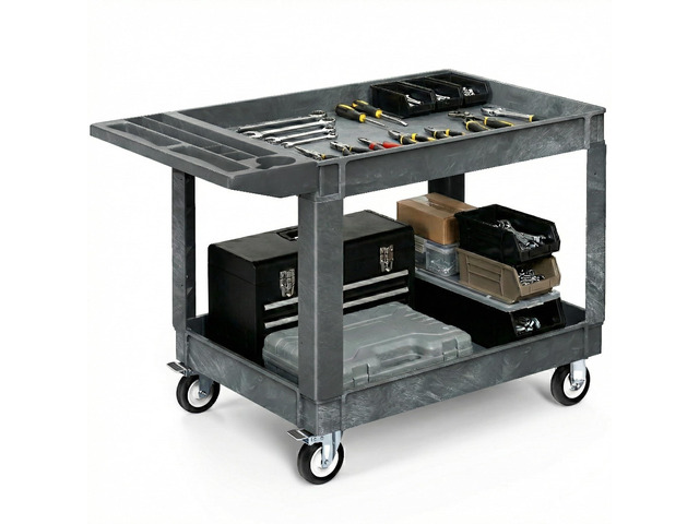 2 Tier Heavy Duty Plastic Utility Cart 45 x 25 Inch, Grey Rolling Work Cart w/ Deep Shelves & 360Â° Swivel Wheels(2 Brake), Plastic Tool Cart...