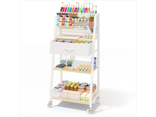 3 Tier Rolling Cart - Metal Utility Cart with Storage Drawer and Wheels, Versatile Art & Craft Organizer for Home, Office, or Studio - Ideal for...